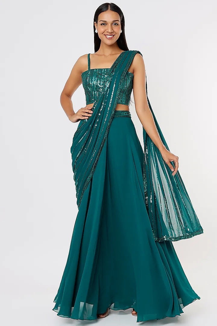 TEAL GREEN MARQUISE KALI SAREE